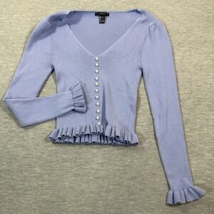 Forever 21 Cardigan Women L Purple Ribbed Ruffle Pearl Button Long Sleeve Top